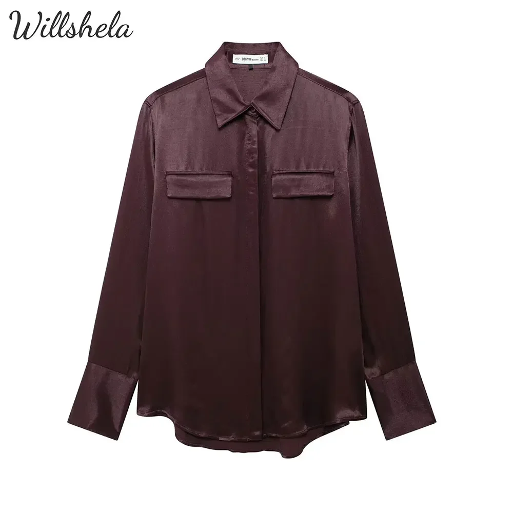 Willshela Women Fashion Satin Textured Business Shirt Lapel Collar Long Sleeves Female Chic Office Lady Casual Blouse