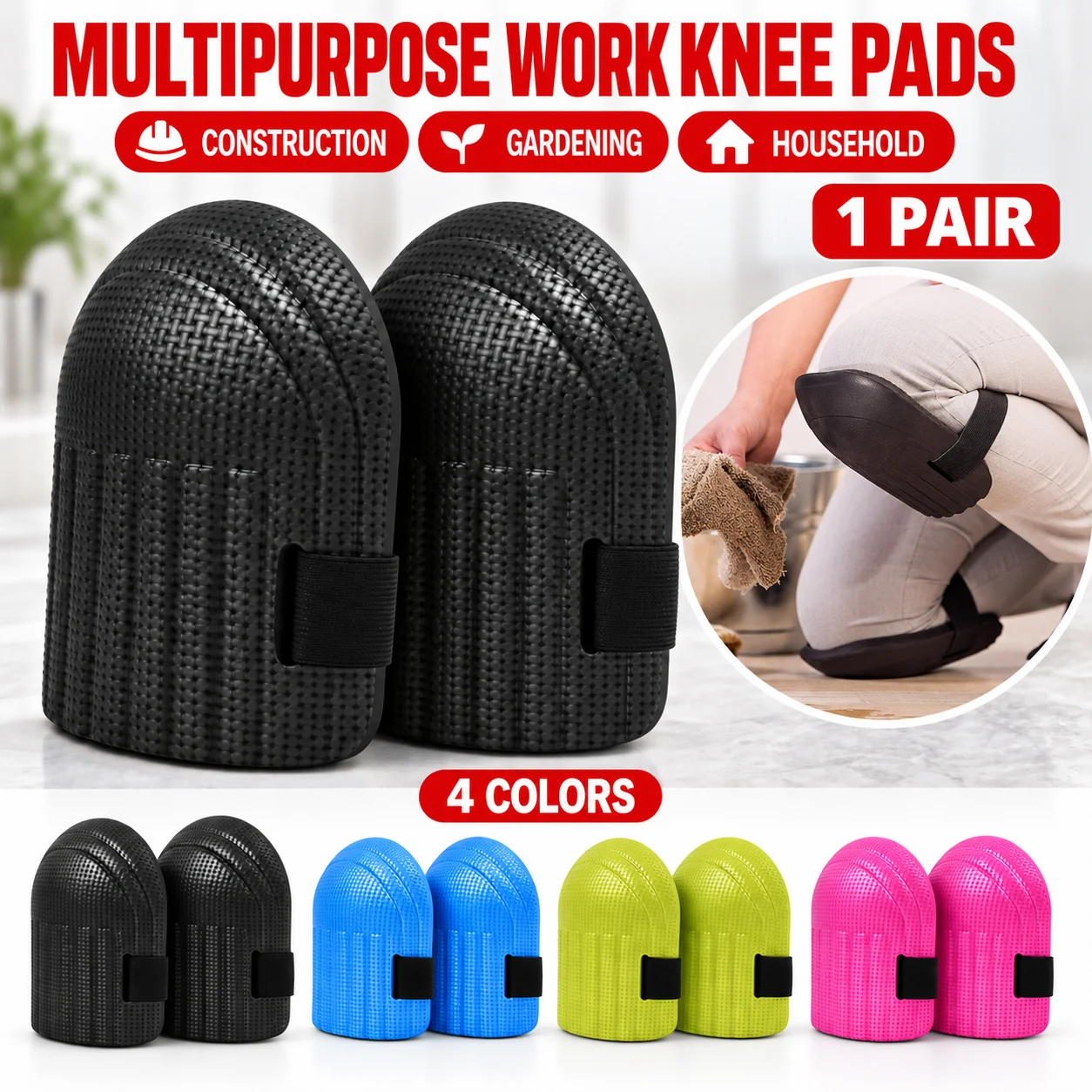 Work Knee Pads 1 Pair Water-Resistant Foam Kneepads for Construction Gardening Flooring Cleaning Automotive Repair