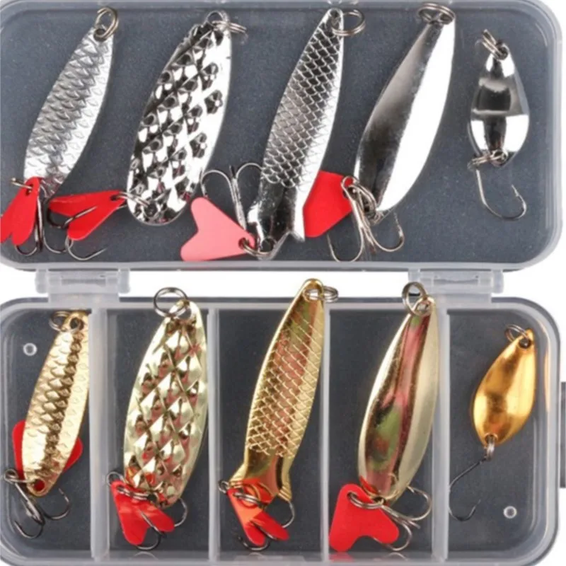 10PCS Fishing Metal Gold Silver Scoop Bait Kit Set Gold And Silver Bait Glitter Spinnery Box Tweeter Hook Gear For Fishing Gear