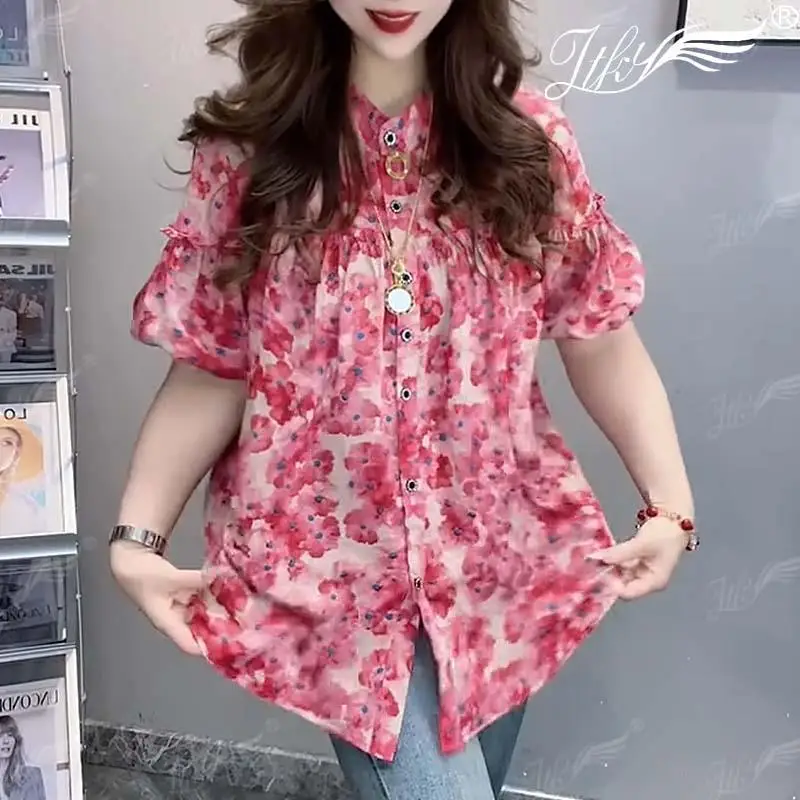 2024 New Summer Korean Fashion Trend All Match Blouses Short Sleeved Stand Up Collar Printed Patchwork Button Women's Shirt Top