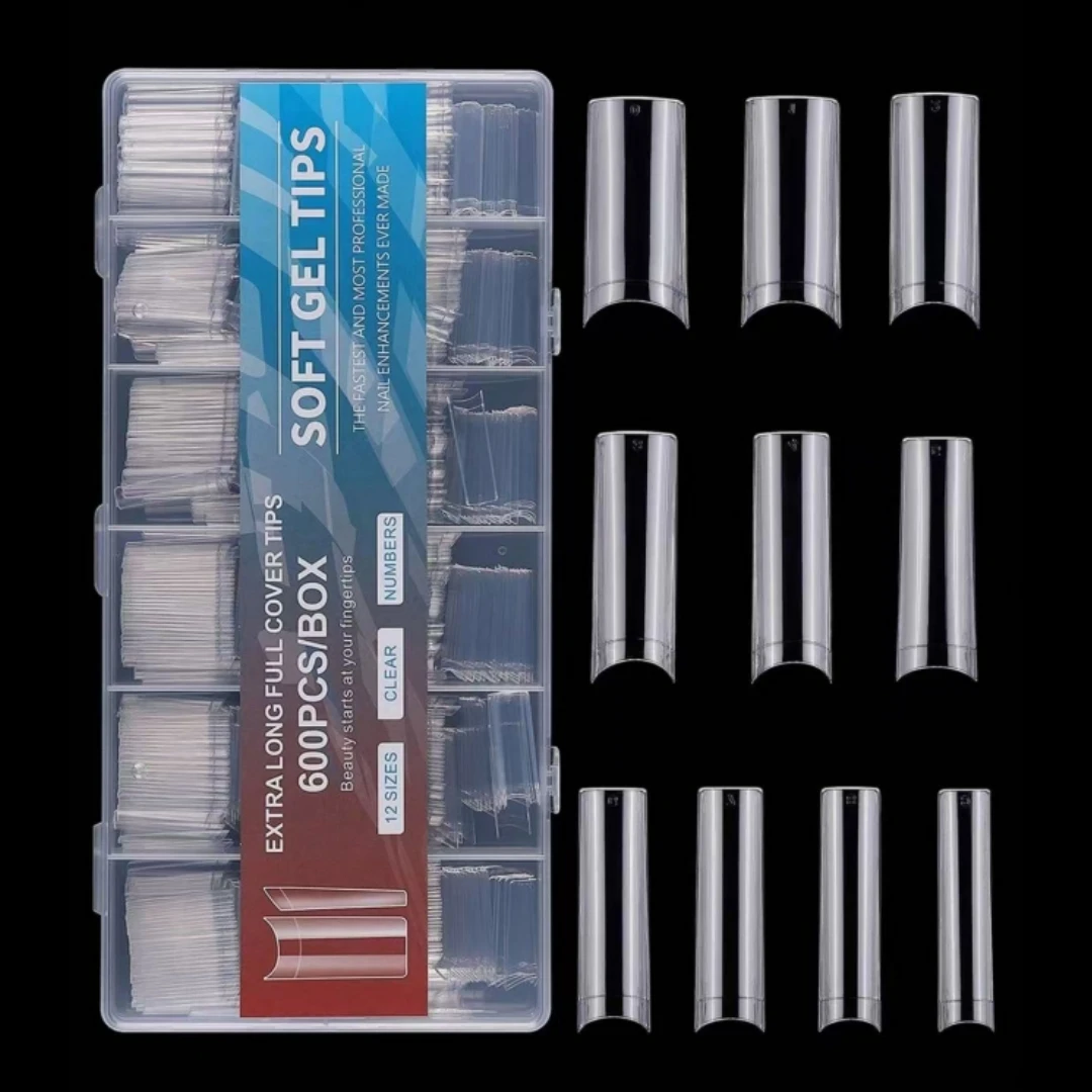 600PCS No C Curve XL Nail Tips, Clear Long Square Straight Fake Nails 10 Sizes Half Cover Artificial Nails for Nail Salon Profes