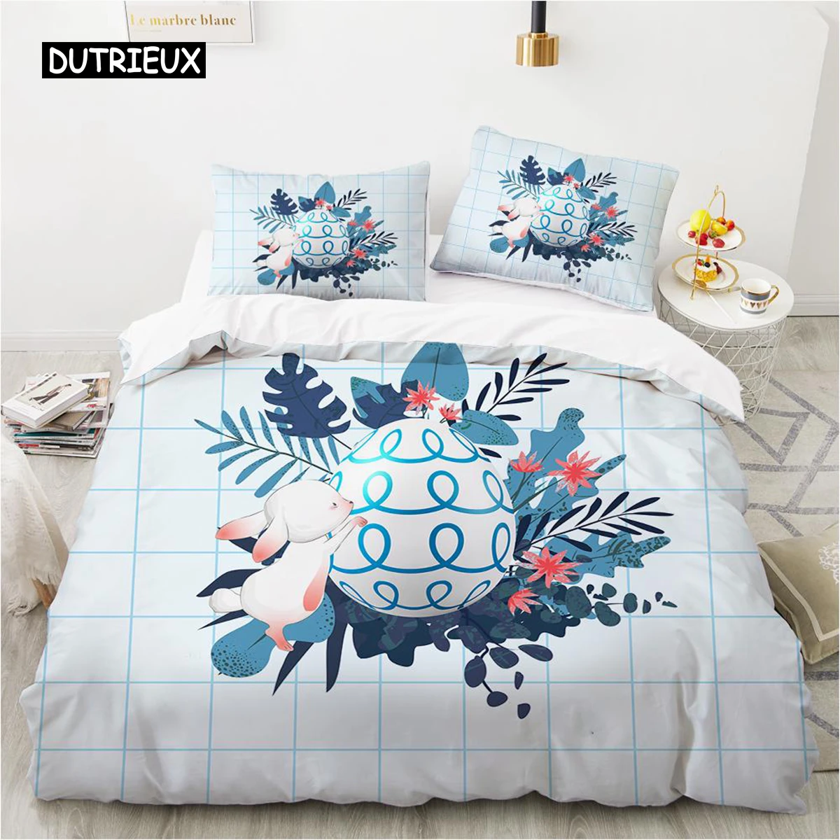 

Easter Egg Duvet Cover Set Queen Microfiber Blue Egg Cute Rabbit Bedding Set For Boy Girl Cartoon Style Easter Theme Quilt Cover