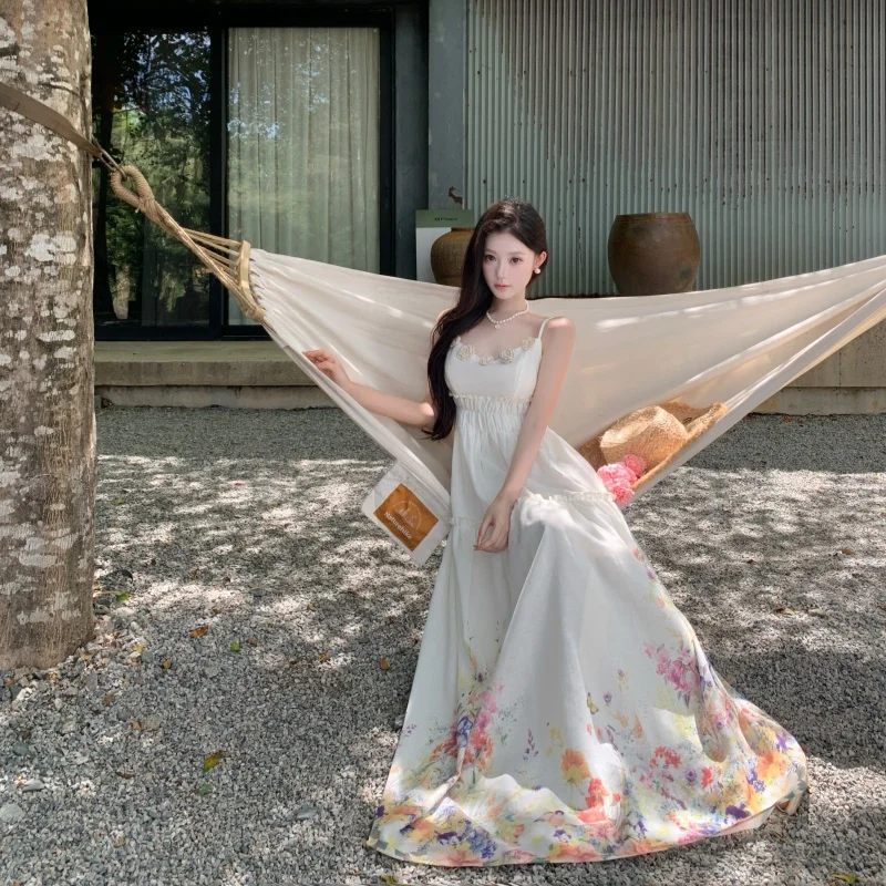 Vintage Boho Fashion Long Dresses For Women Summer Flower Print High Waist Casual Holiday Party Dress Vestidos 2025 New N768