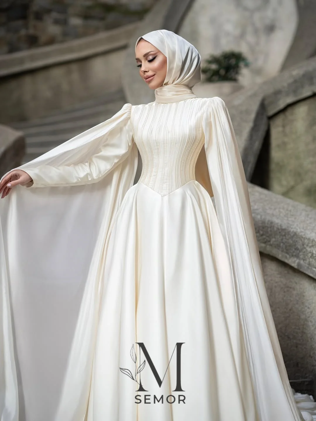 Semor 2026 Muslim Stain Wedding Dress with shawl Charming A-line Full Sleeve Pleat Bridal Gown Customized Vestidos De Novia
