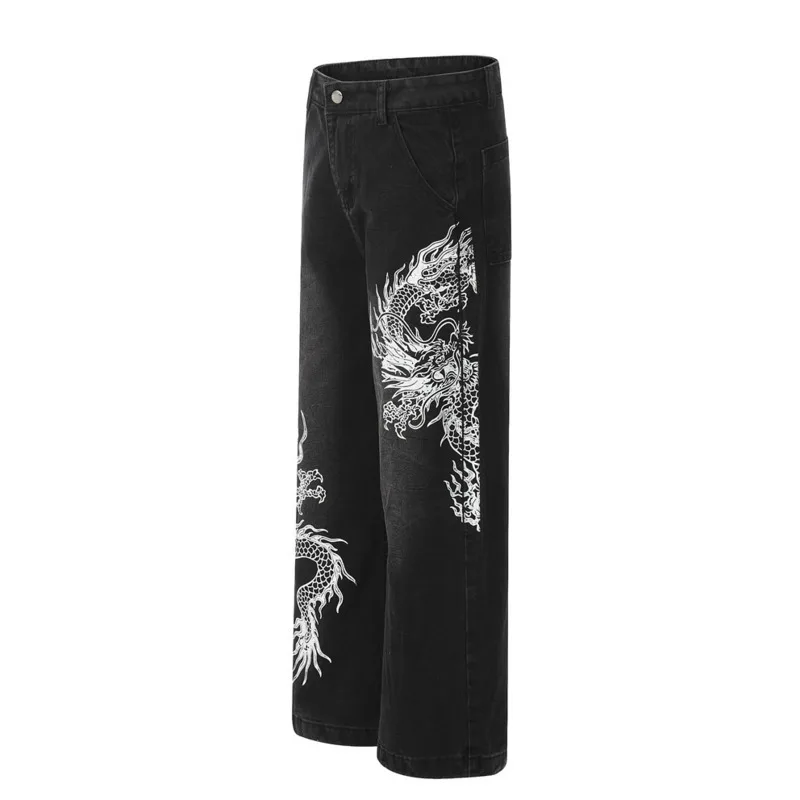 PFNW Niche Design Men's Jeans Dragon Pattern Printing Bottom Straight Wide Leg Casual Male Pants High Street Summer 28W3489