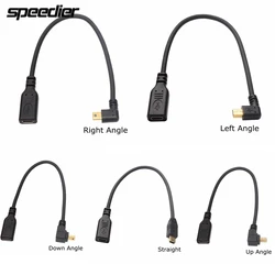 25CM Gold-plated 3A 90 Degree Up Down Left Right Angled Mini USB 5Pin Male To USB Type-C Female Data Charging Short Cable