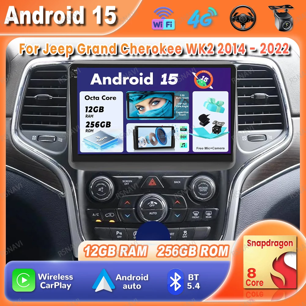 راديو السيارة أندرويد 15 لسيارة جيب جراند شيروكي WK2 2014 - 2022 كوالكوم اللاسلكية Carplay Auto BT Viedo Player وحدة رأس الوسائط المتعددة