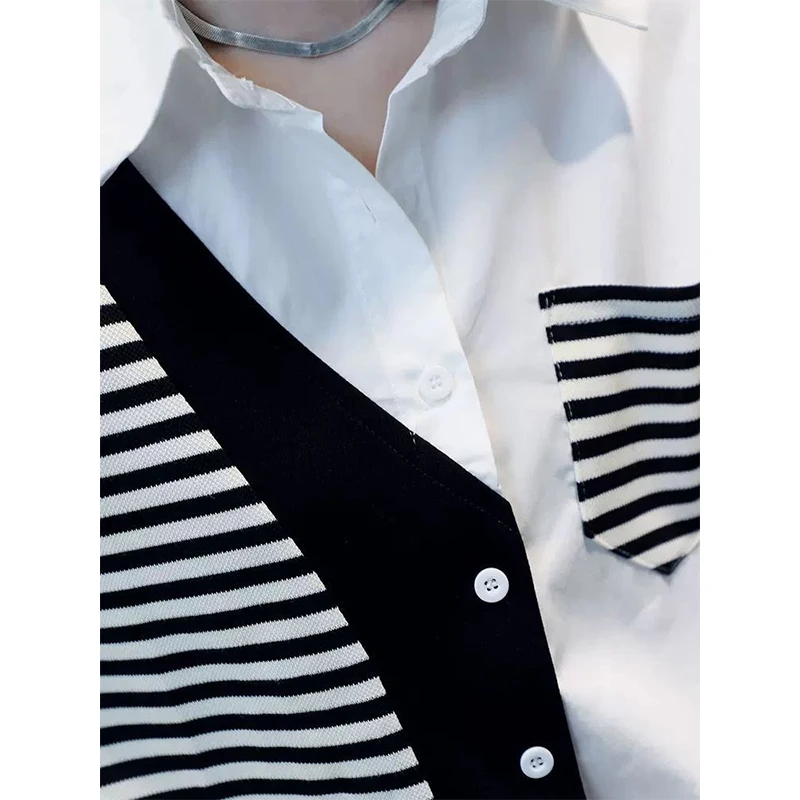 Summer Polo-neck Striped Patchwork Long Sleeve Cardigan Shirt Women Casual Fashion Top Lady Oversized Streetwear Vintage Blouse