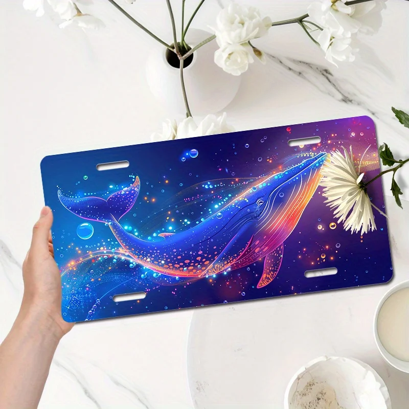 2D Flat, Car Plaque, Blue Whale on a Colorful Background,Car Art Plaques, Front Car Plaque for Decoration, Halloween Christmas