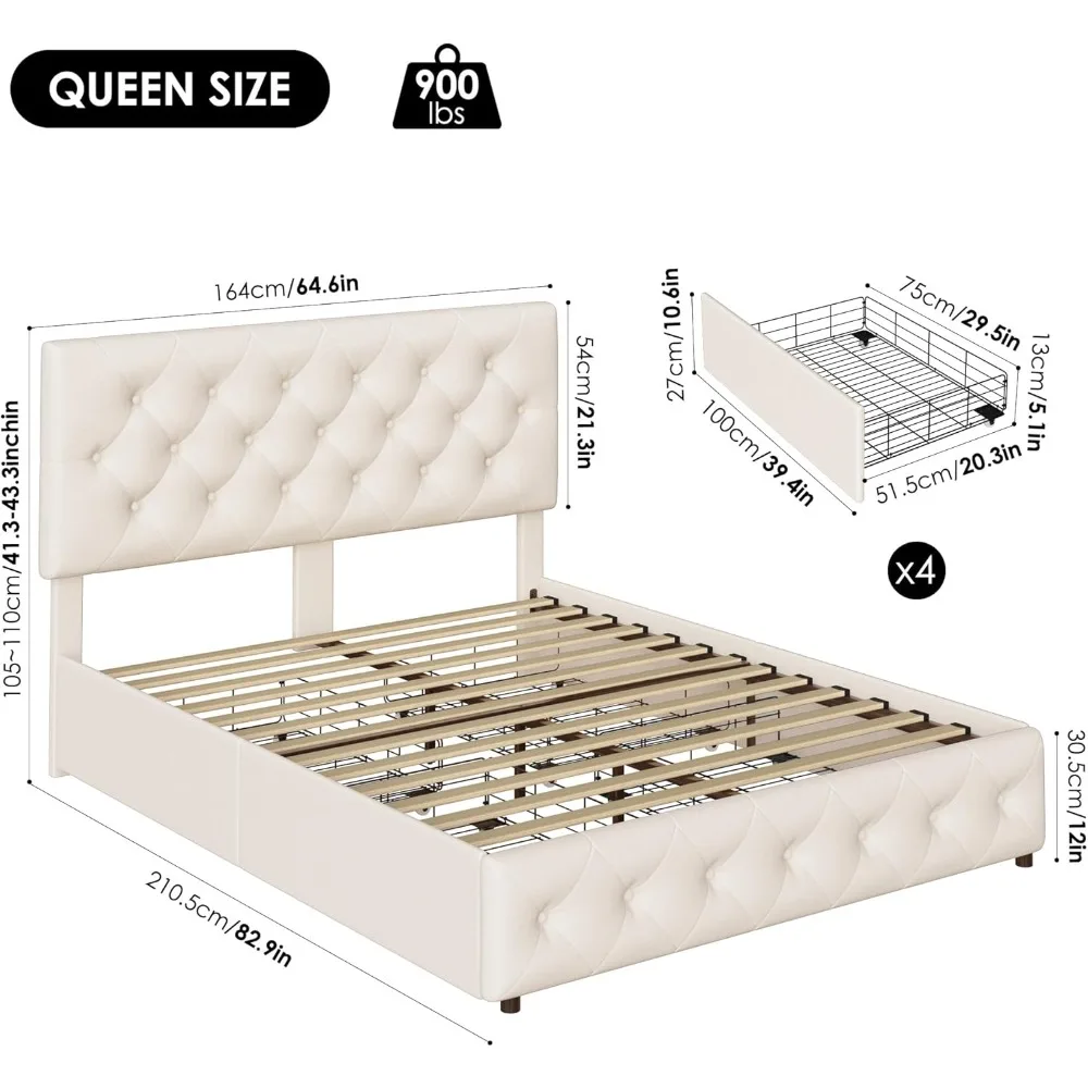 سرير منجد حديث مع أدراج تخزين، لوح رأسي معنقدة بأزرار، دعم شرائح خشبية، سهل التجميع