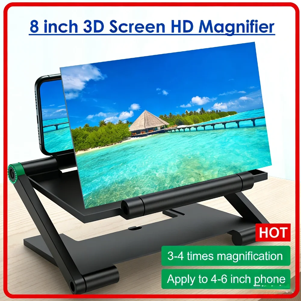 

3D HD-лупа для экрана, 8-дюймовый складной кронштейн для сотового телефона, противоскользящая настольная подставка с 3-кратным зумом и уменьшением излучения для 4,0-6,0 дюймов Ph