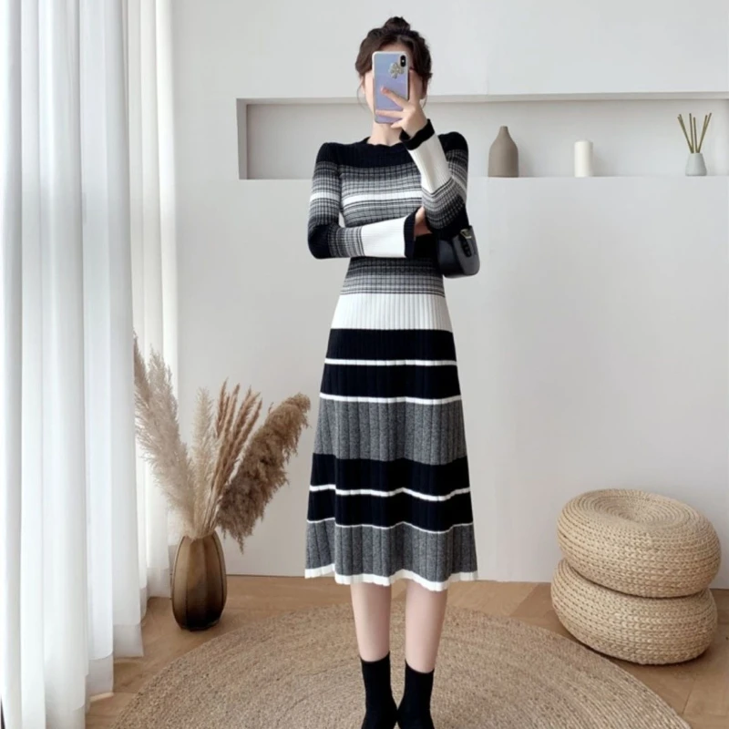 햅번 스타일 여성 니트 드레스 가을 겨울 한국 멋진 우아한 고품질 편안한 스트라이프 크로 셰 뜨개질 드레스 여성을위한