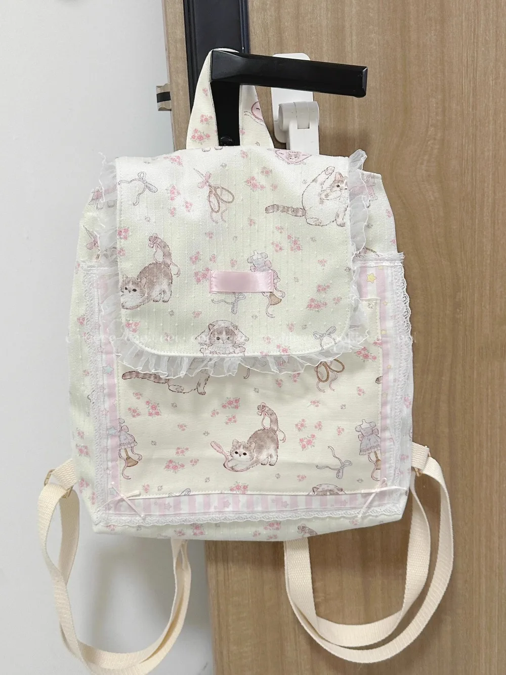 

Kawaii Cat Print Mochila кружевной рюкзак Mochilas для девочек-подростков, повседневная школьная сумка, сумки большой вместимости для женщин