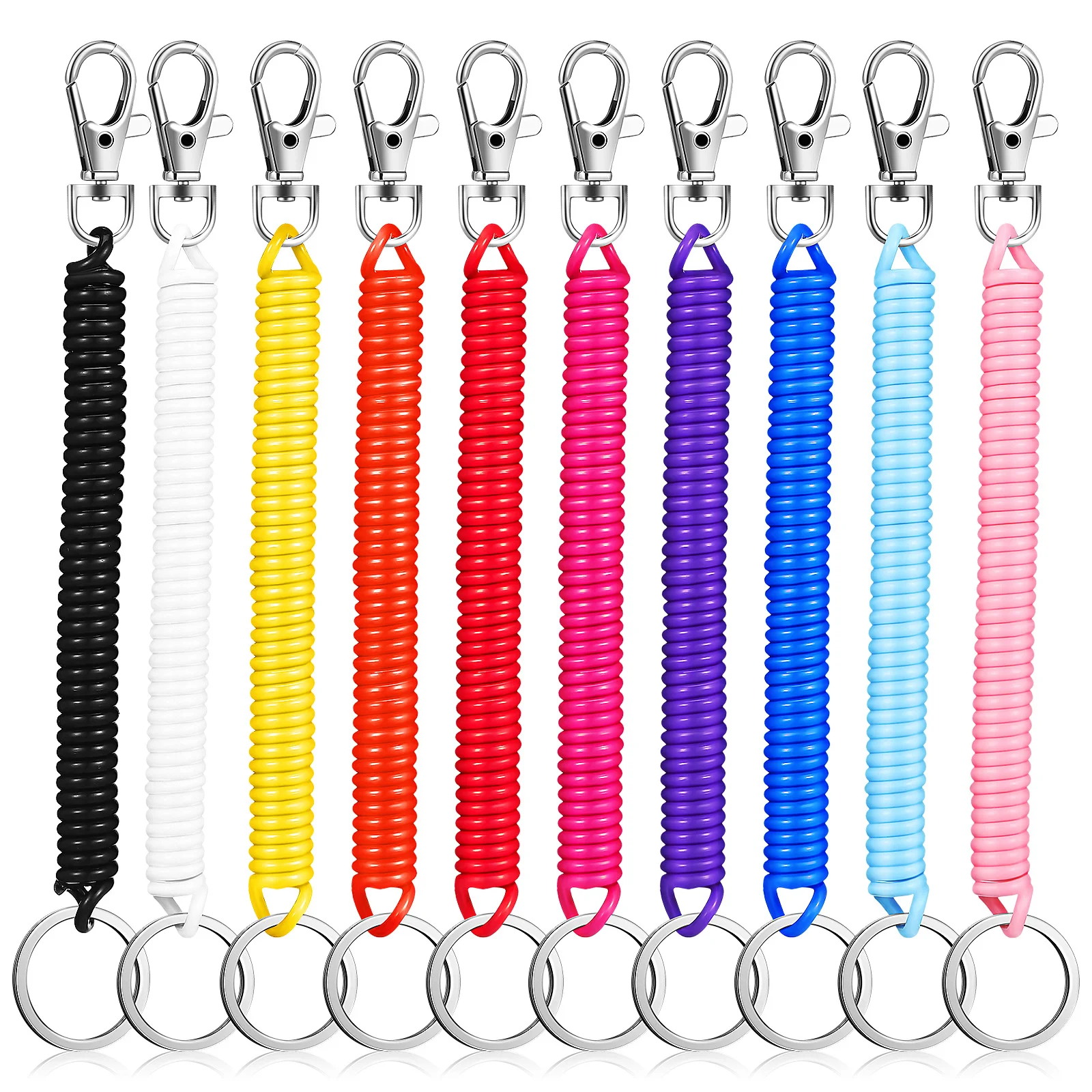 10 Pcs Key Chain Spiral Retractable Lanyard Wrist Coil Spring Keychain Elastic Rings Leash for Purse Carabiner Keys Cell Phone