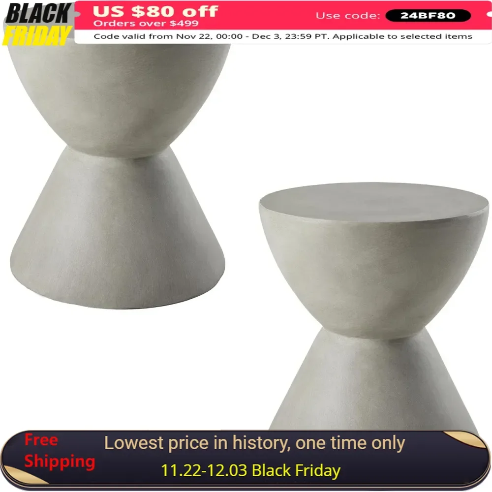 Outdoor Table Set of 2, Hourglass Shape, Small Concrete Accent End Tables, Stone Round Modern Cement Patio Table