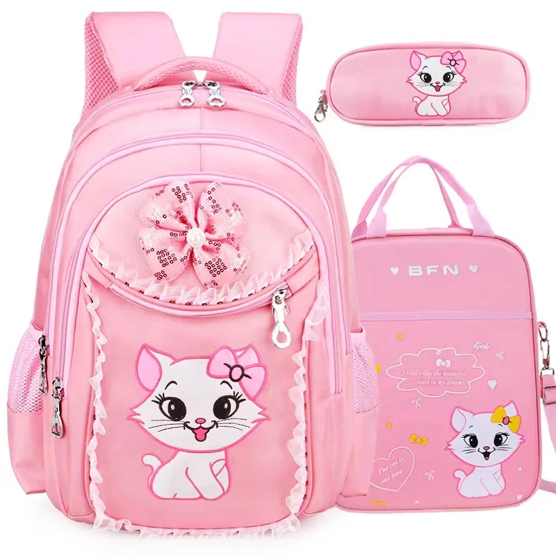 Children Fashion Three Pieces Suit For Teenagers Pencil Bag Primary Cartoon Cat School Bag Student Girls Backpack Set