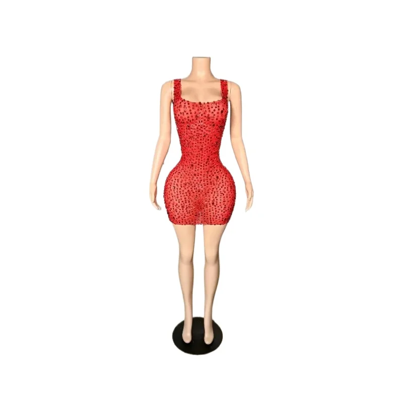 

Red Short Dress for Women Evening Prom Celebrate Dress Sexy Mesh Transparent Singer Show Stage Wear