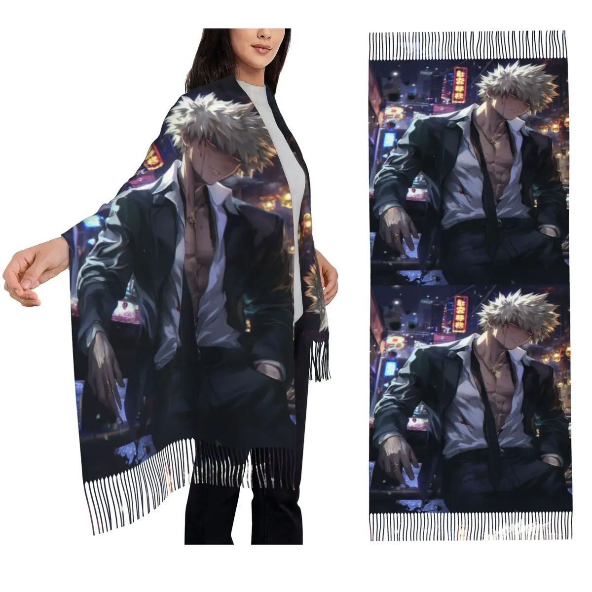 

Bakugou Katsuki Scarf Tassel Scarves Women Soft Warm Shawls and Wraps Long Fall Winter Shawl Wrap