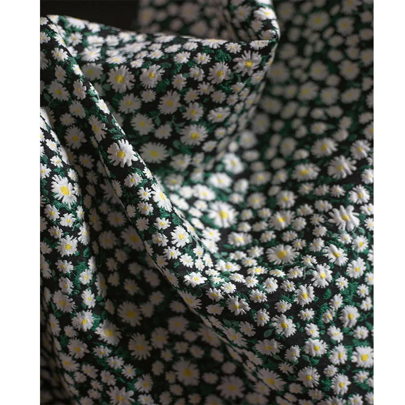 French Romantic Classic Black and Green Small Wrinkled Chrysanthemum Floral Jacquard Fabric Set Skirt Cheongsam Designer Fabric