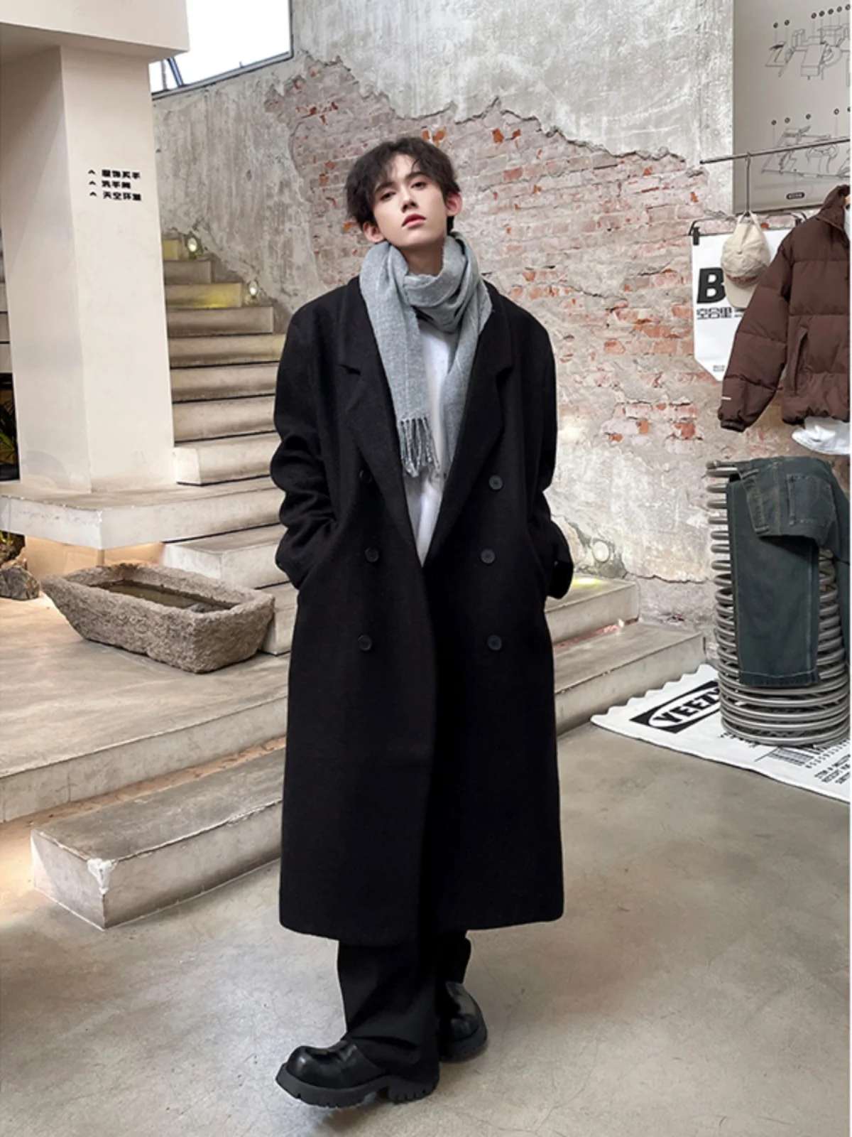 

Мужское шерстяное пальто средней длины в корейском стиле, модное, элегантное, из твида, с эффектом высокого качества, для молодежи, в стиле CleanFit