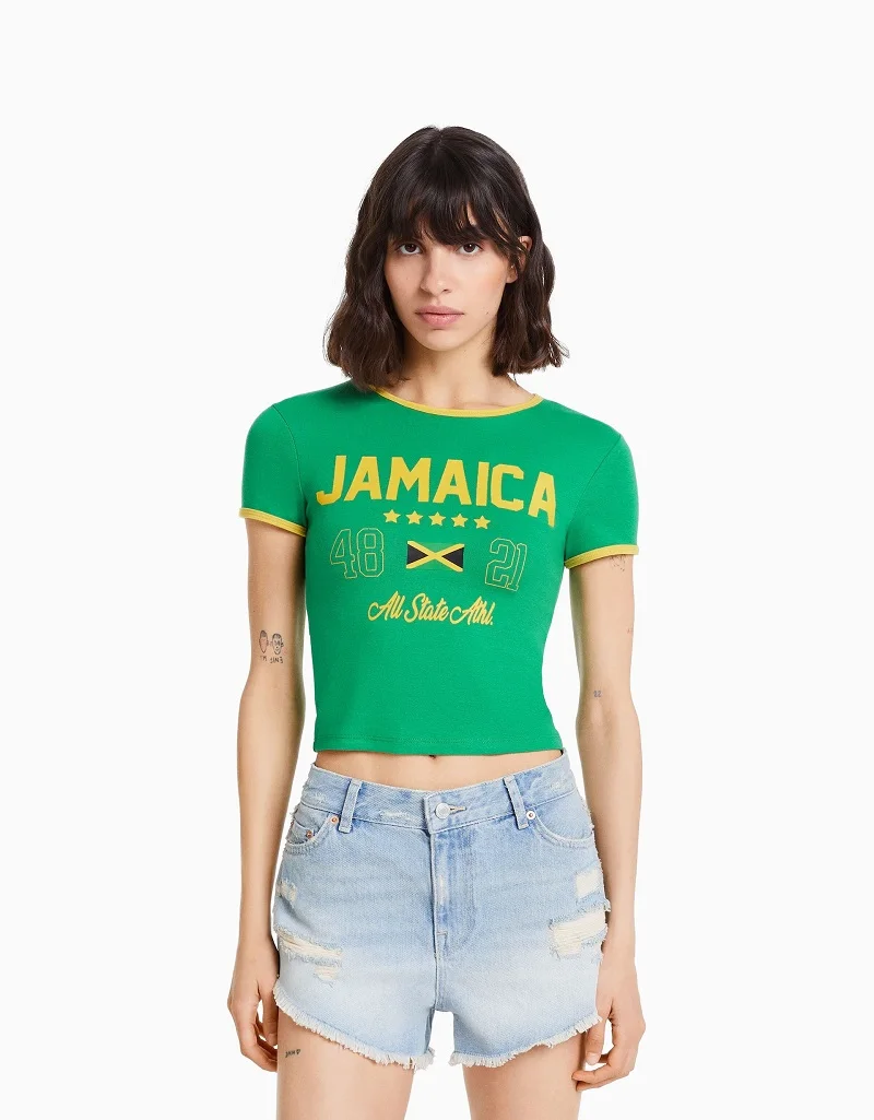 Aesthetic Women\'s JAMAICA Letter Printed Gothic Cut Top Street Wear Baby T-shirt Retro Casual Short Sleeve T-shirt Y2k Clothing