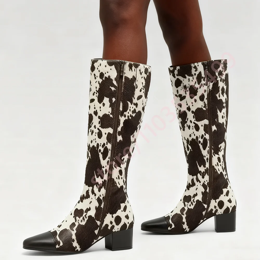 خريف جديد مختلط اللون البقرة طباعة الأحذية الغربية 2025 أشار تو مثير صندل بكعب مكتنز ركوب التمهيد الشارع نمط سستة أحذية طويلة