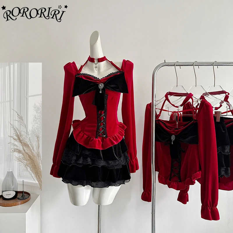 RORORIRI Velvet Bow Halter Top Mini Skirt Women Set Lace-up Padded T-shirt Lace Trim Puffy Cake Skirt Christmas Vintage Clothes