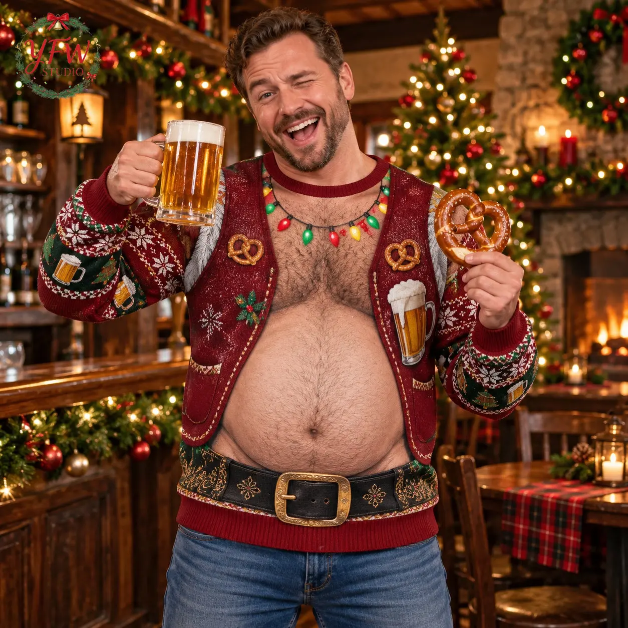 3D Print Beer Belly Pattern Funny Ugly Sweater for Men Merry Christmas Party a Humorous Gift for Husband Pullover Sweatshirt