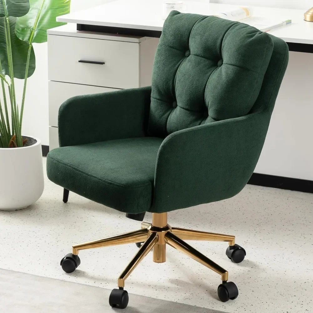 Plush Fabric Office Chair, Comfy Home Office Desk Chairs with Lumbar Support, Modern Plush Fabric Desk Chair Gold Legs Swivel