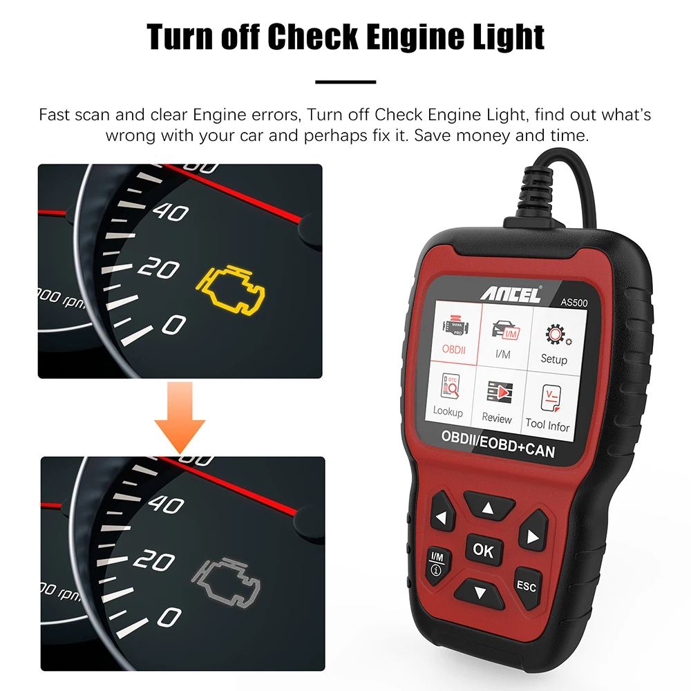 ANCEL AS500 OBD2 Scanner Engine Code Reader Engine Check Turn off Engine Light Full OBD2 Function Diagnostic Tool