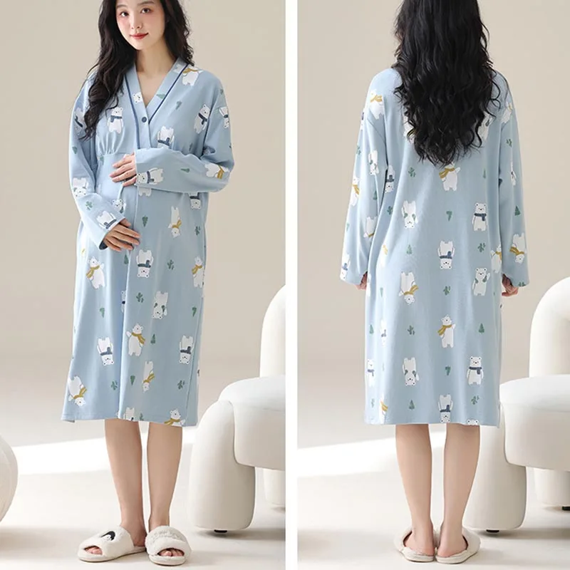 فستان نوم للرضاعة من القطن للربيع والخريف للأمهات مطبوع عليه زهور ملابس نوم للحمل والمنزل والمستشفى