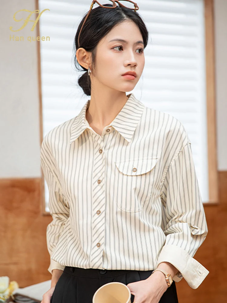 

H Han Queen Autumn New Basic Long Sleeve Women Shirts Office Work Blouse Stripe Vintage Loose Tops Korean Reviews Many Clothes﻿