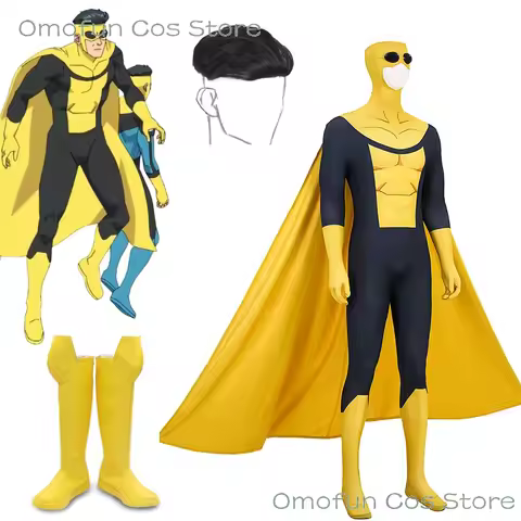 Invincible Mark Grayson Cosplay Yellow Jumpsuit Cloak Superhero Cosplay Costume Anime Comic Bodysuit Halloween Men Boots Wig