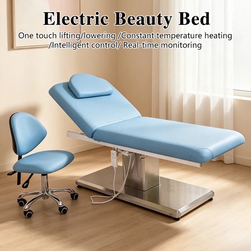 JUESHI Electric Beauty Bed Electric Massage Bed Light Blue Stainless Steel Base with Matching Stool for Clinic Spa