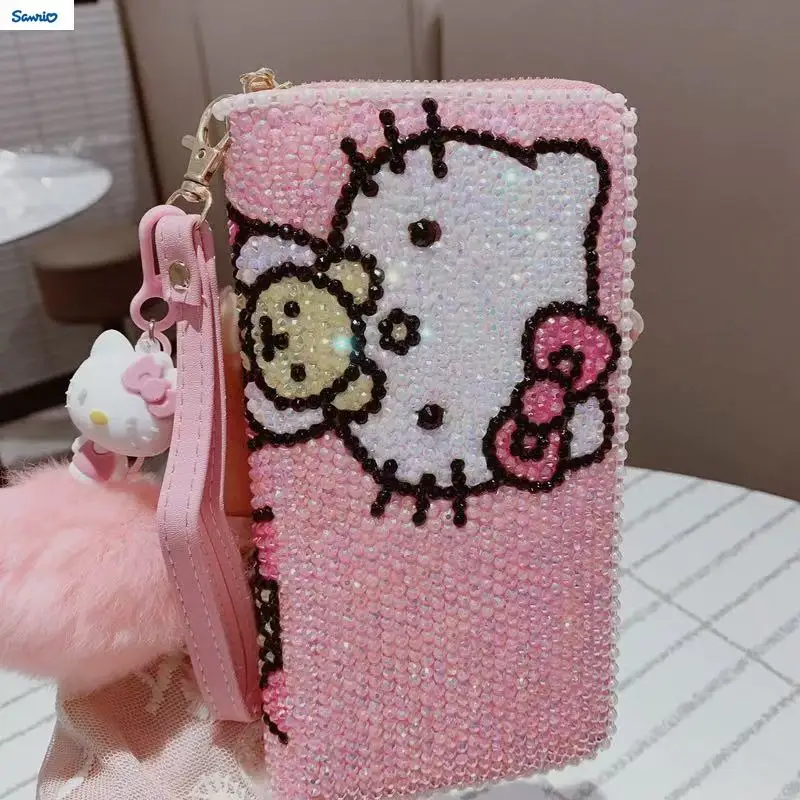 Sanrio Fashion Diamond Set Cartoon Hello Kitty Phone Bag for Women with Diamond Personalized Long Change Storage Wallet