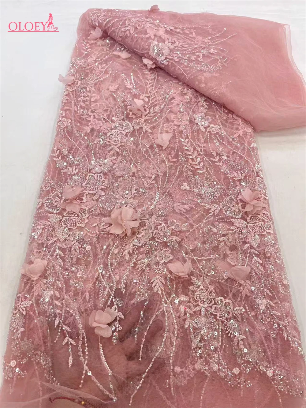 

High-quality African Nigerian Elegant 3D Embroidered Beaded Fabric 2024 French Tulle Lace Fabric With Sequin For Party Wedding