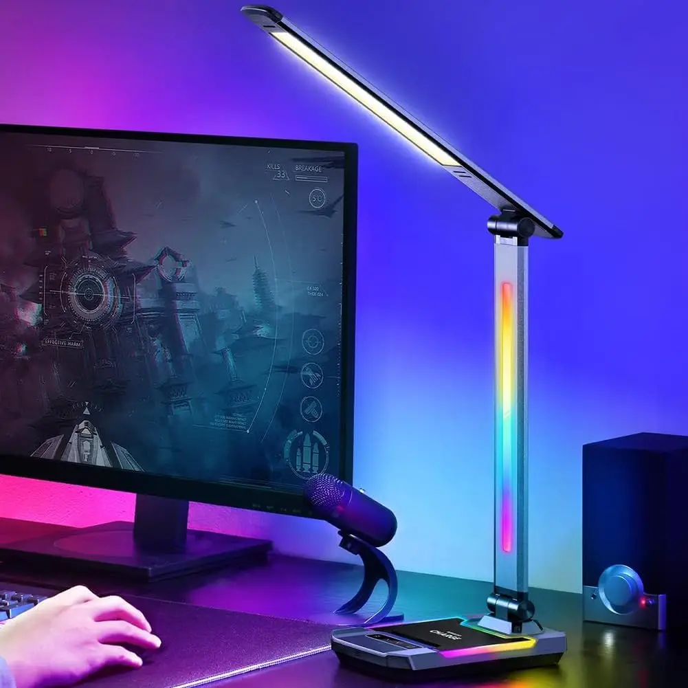 Gaming Desk Lamp with Music Sync RGB, Wireless Charger, USB Port, Adjustable Arm for PC Room Decoration