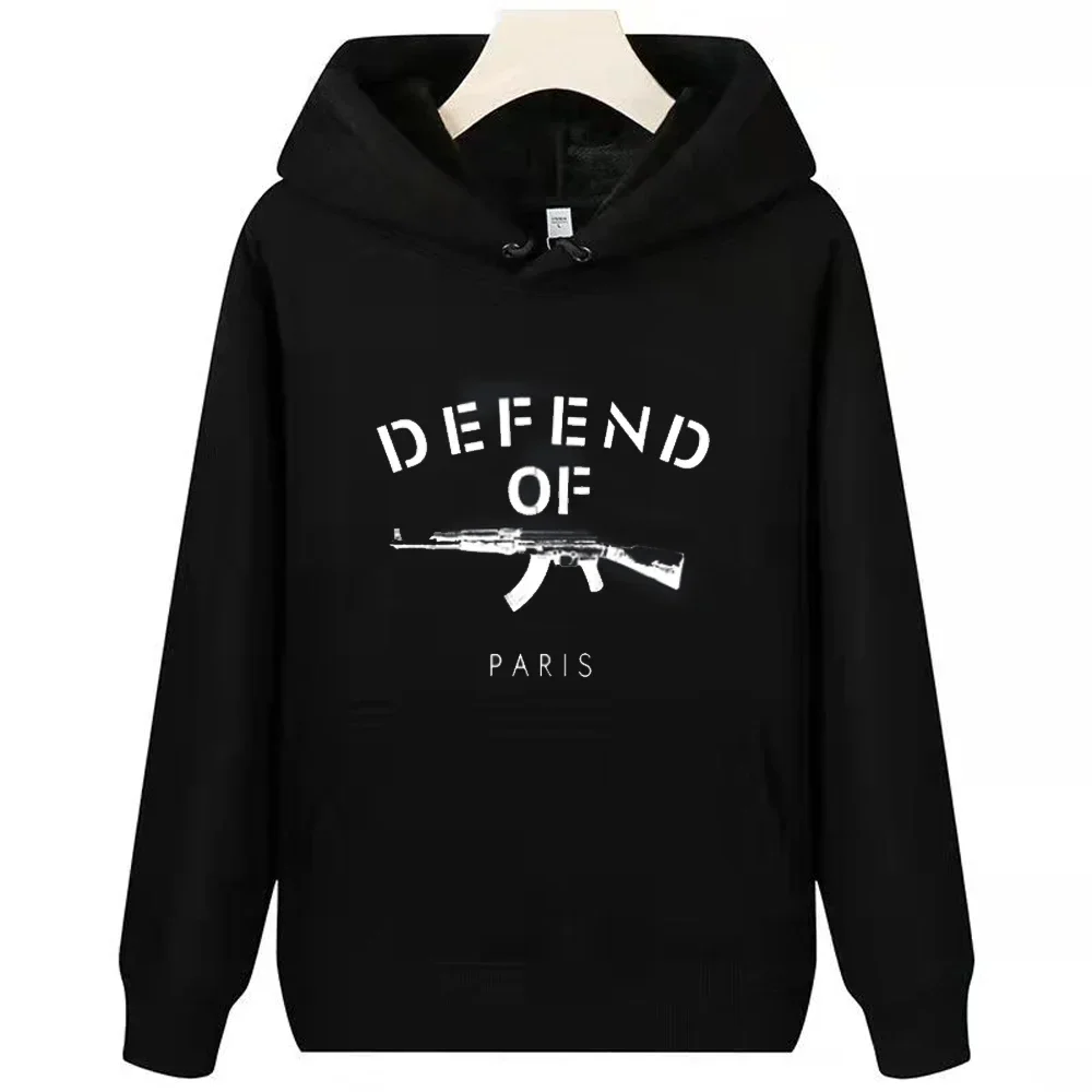 AK-47 Assault Rifle Defend of Paris Pullover Hoodie Gun Collectors Comfortable Cotton Casual Mens Sweatshirt Fashion Streetwear