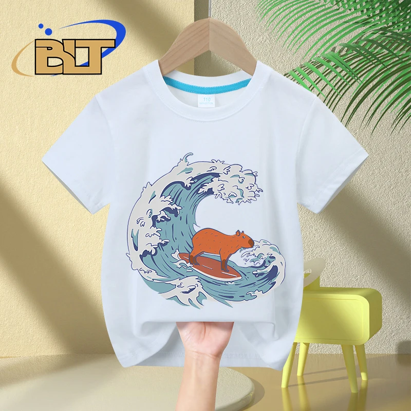 Funny Cute Giant Capybara Japanese Wave cartoon print kids T-shirt summer children's cotton short-sleeved casual tops