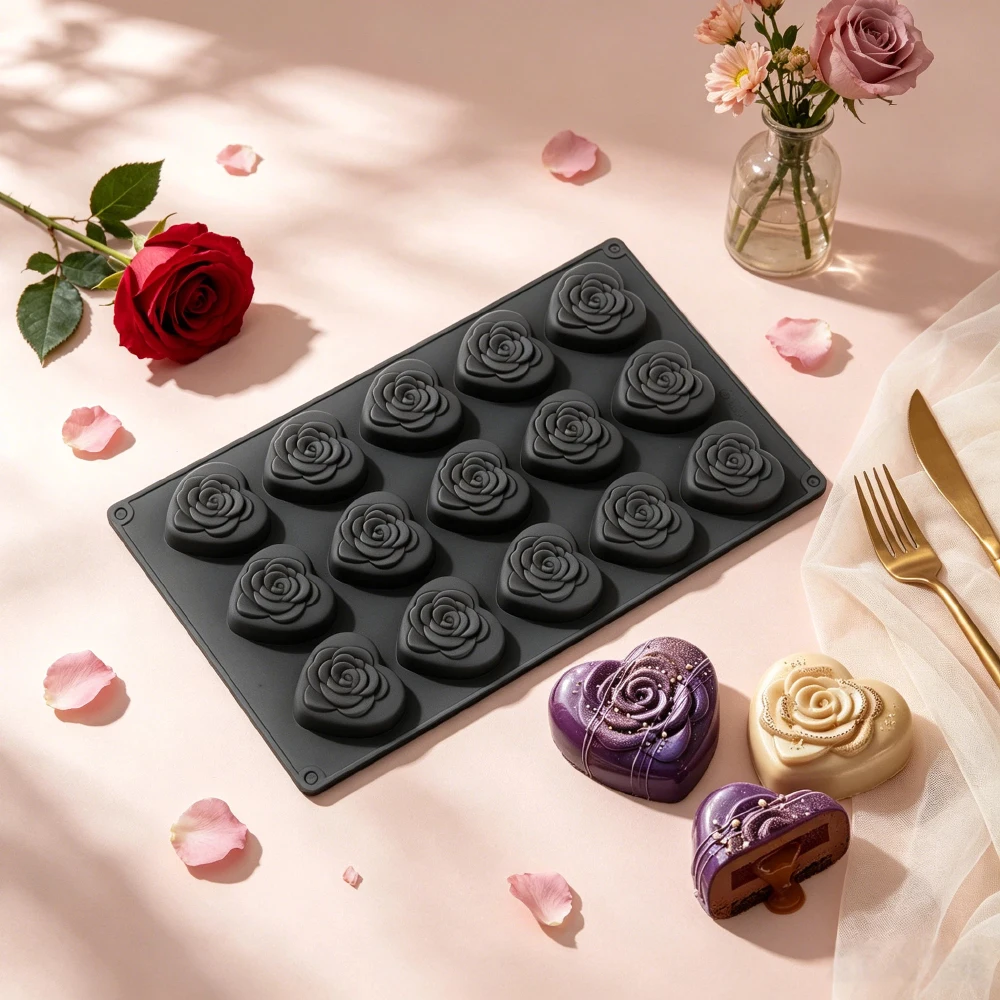 15-Cell Rose Textured Heart-shaped Design Valentine's Day Silicone Chocolate Mold Food Grade Cake Mould Kitchen Dessert Tools