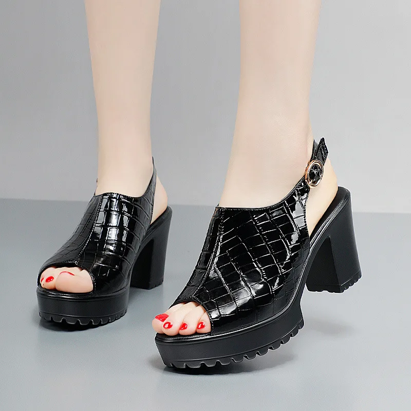 8cm 10cm Small Size 32-43 Elegant Thick Platform Sandals Women 2026 Patent Leather Sandals Block High Heel Sandals Office Model