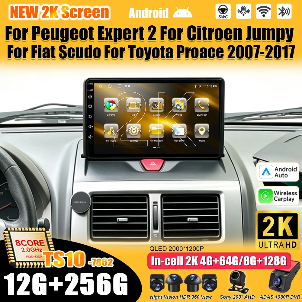 Android 16 For Peugeot Expert 2 For Citroen Jumpy For Fiat Scudo For Toyota Proace 2007-2017 Car Radio 2K QLED 8 Core 5G 9 Inch