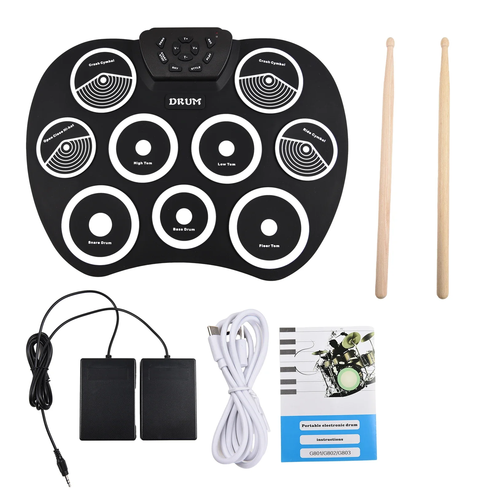 Conjunto de bateria eletrônica enrolada à mão, interface midi de 9 almofadas, suporta jogos dtx, conjunto de bateria portátil, presentes com pedais de baquetas