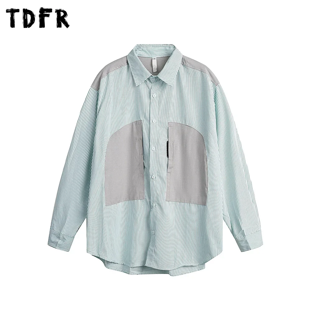 Patchwork Striped Long Sleeve Shirts Mens Spring Streetwear Loose Single Breasted Lapel Curved Hem Shirts Men