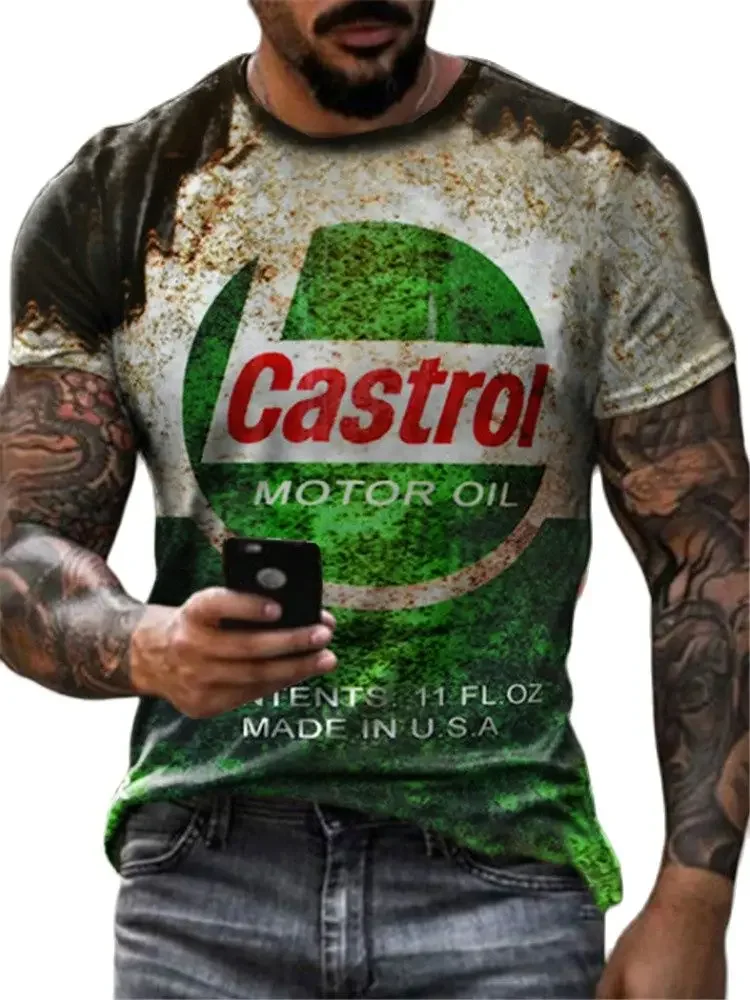 2026 Men's 3D Retro Oil Painting Printed Short Sleeve T-shirt Vintage Motorcycle Pattern Casual Oversized Crew Neck Tops Tees