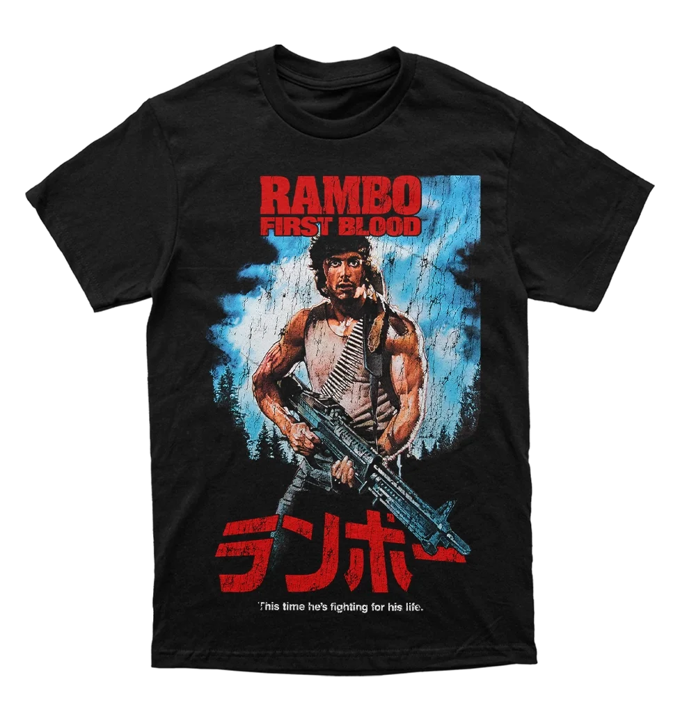 Camiseta Vintage de los 90, Estilo Rambo First Blood, Estampada, de Manga Corta, Informal, Holgada, Deportiva, de Algodón, Unisex