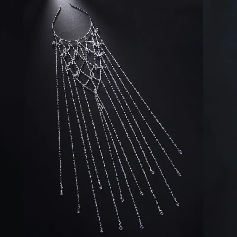 European American Fashion Bridal Wedding Headband Mesh Tassel Crystal Hair Chain Headgear for Women