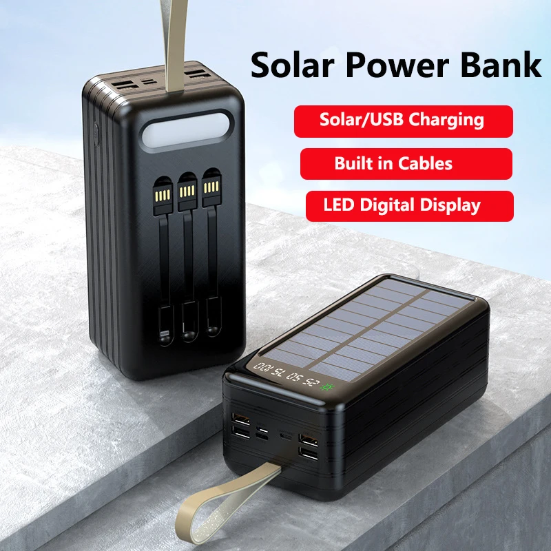 80000mAh Solar Power Bank Built in Cable Portable Charger Powerbank for iPhone Samsung Huawei Xiaomi External Spare Battery Pack