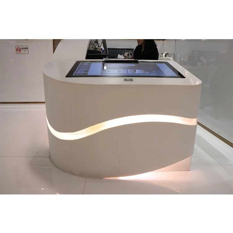 Customized.Duponts Corians Custom Made White Salon Reception Counter Front Led Light Curved Reception Desks
