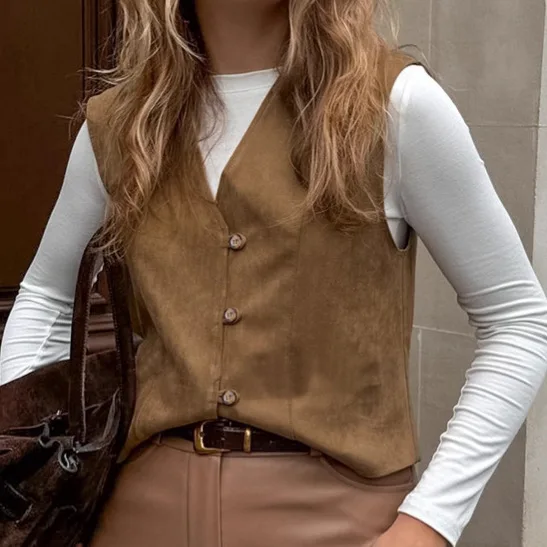 

Autumn New Women's Jacket, Suede Matte Casual Short Retro British Style V-neck Layered Vest